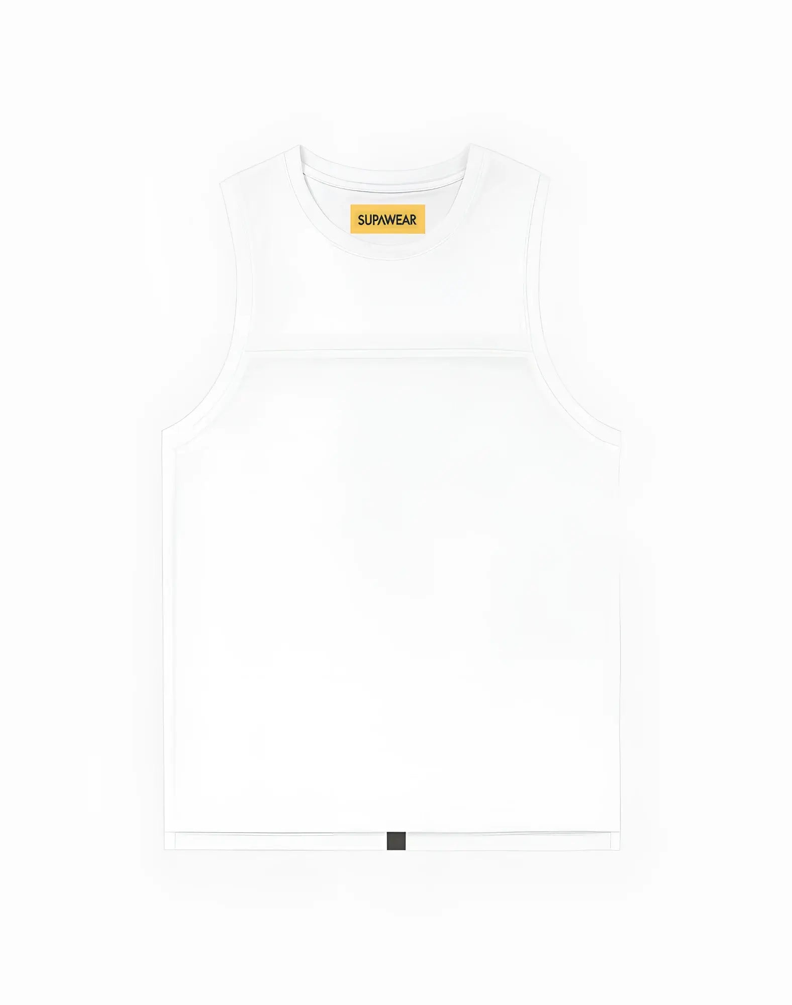 White supawear sleeveless tanktop with solid minimalist design mesh details and yellow label at neckline