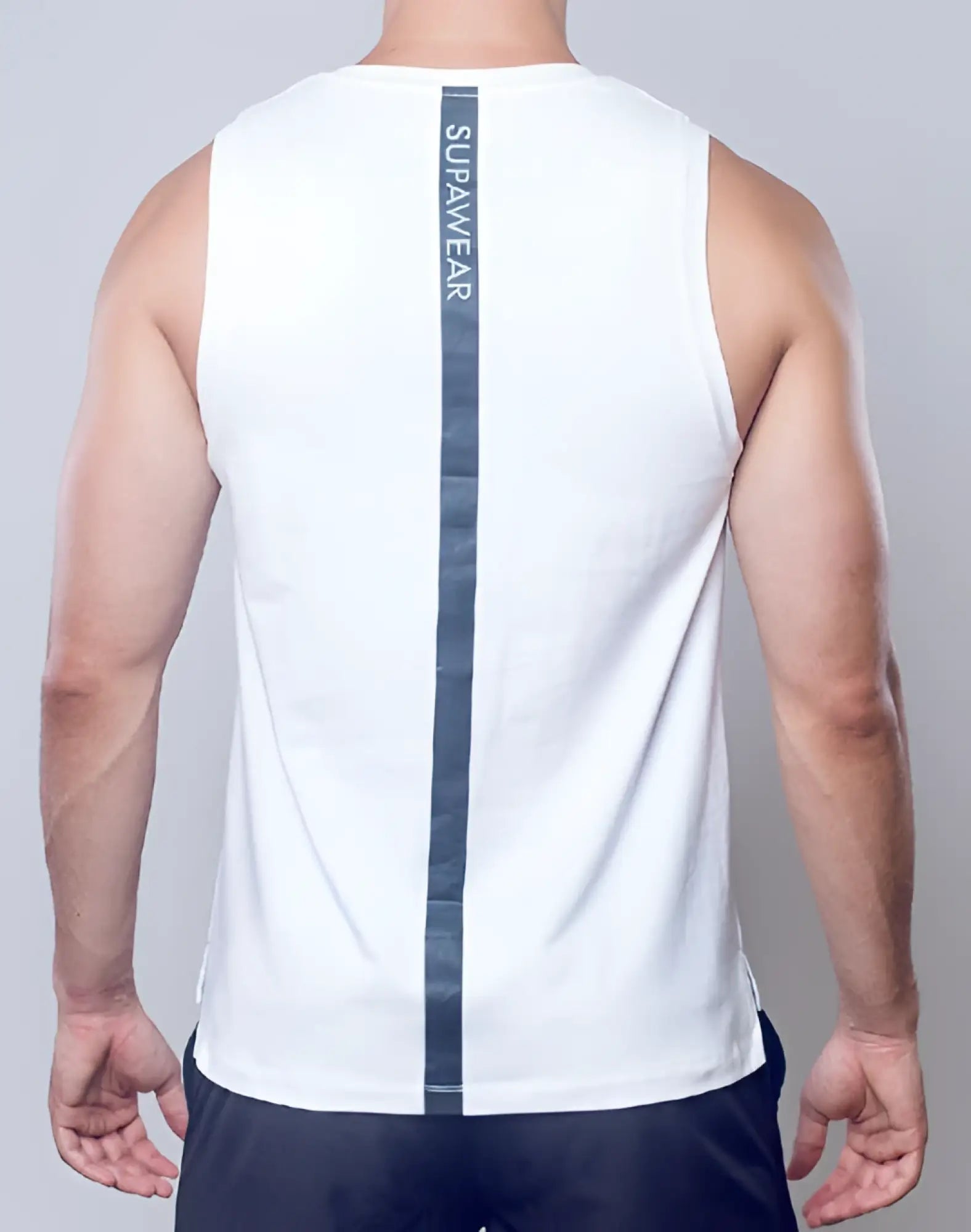 White supawear solid and mesh sleeveless tank top showing back with a vertical dark gray stripe