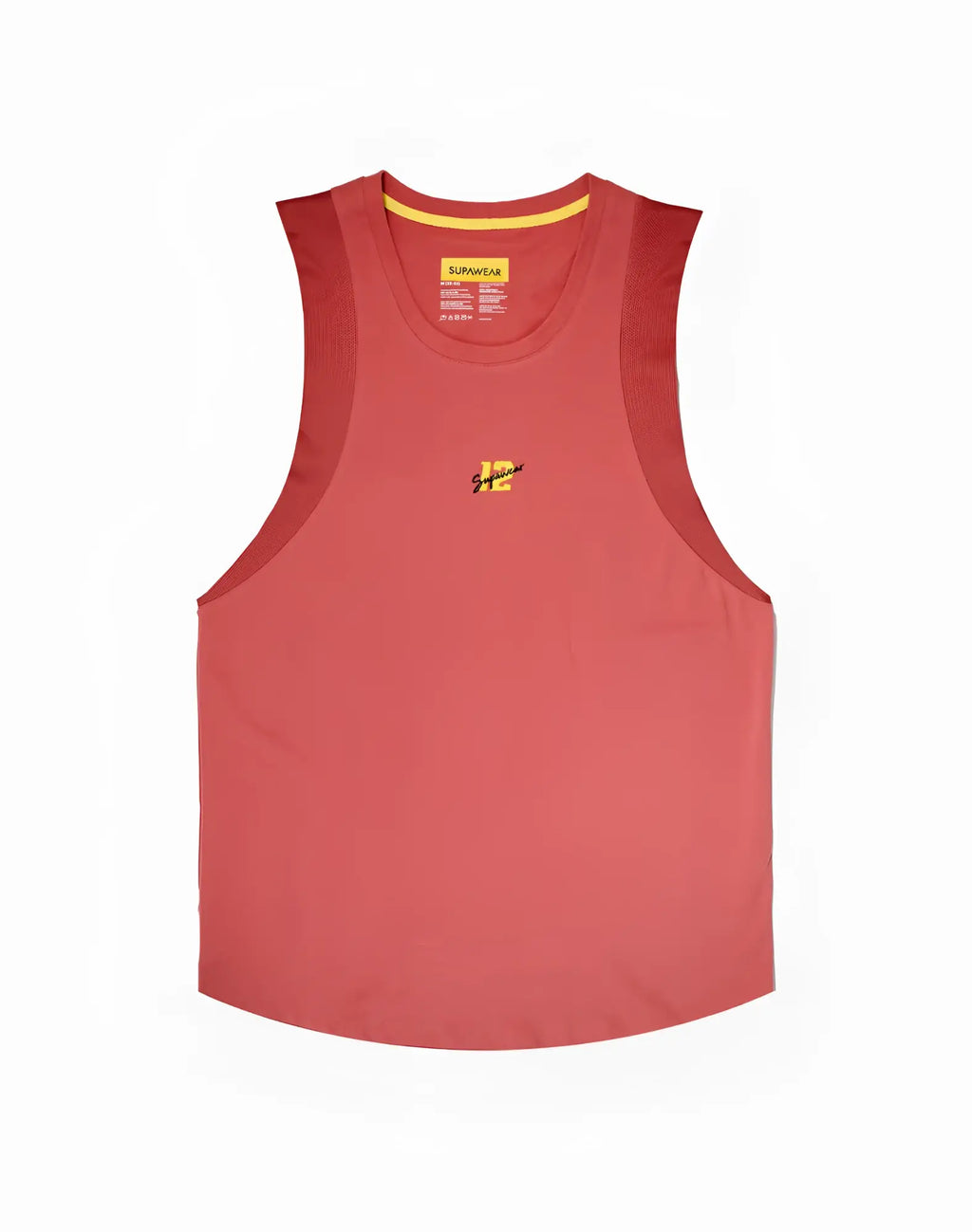 SupaWear coral sleeveless athletic tank top with yellow inner collar and embroidered logo for sports and workouts