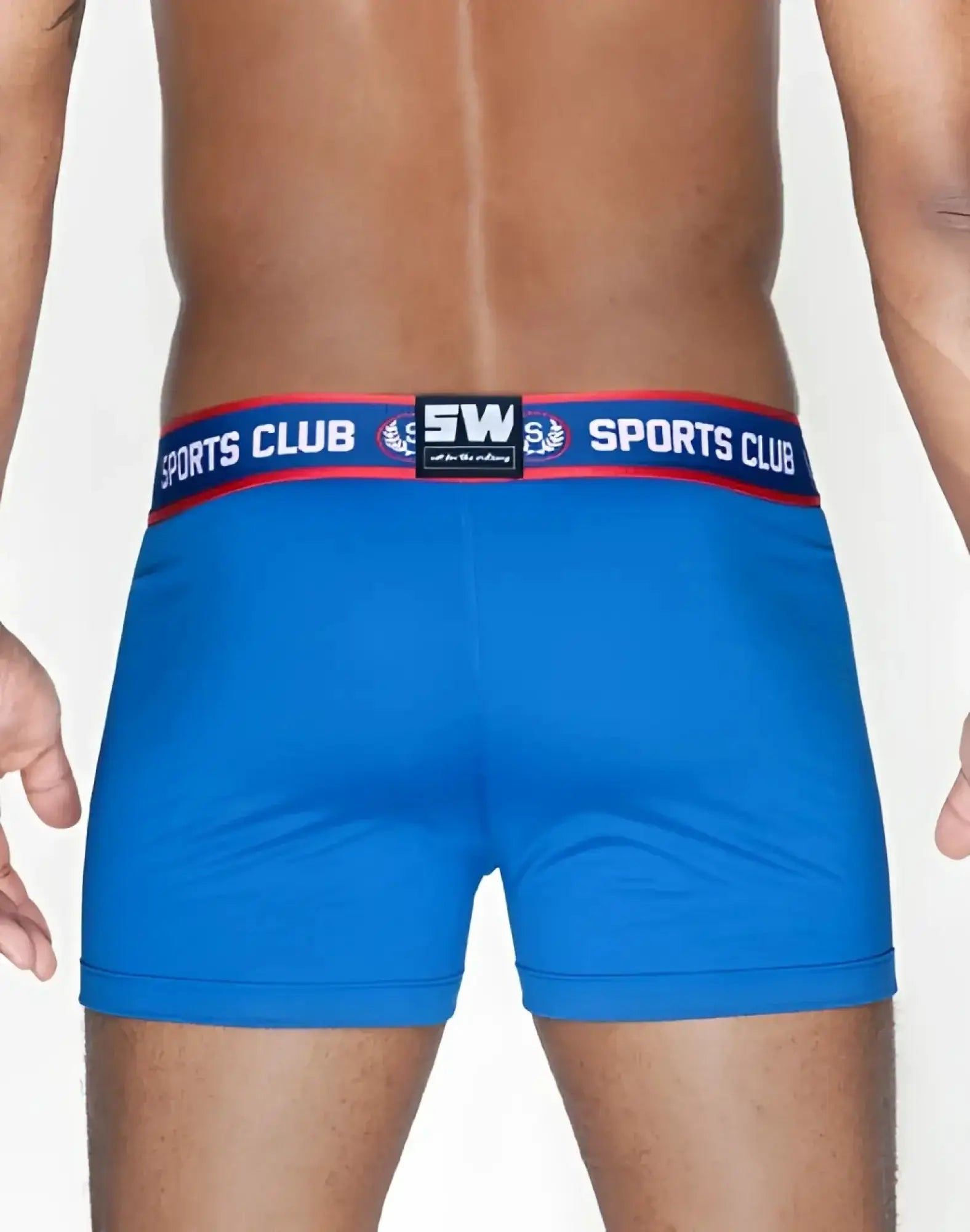 Bright blue sup Awear sports club boxer trunks with red and white branded waistband for athletic use