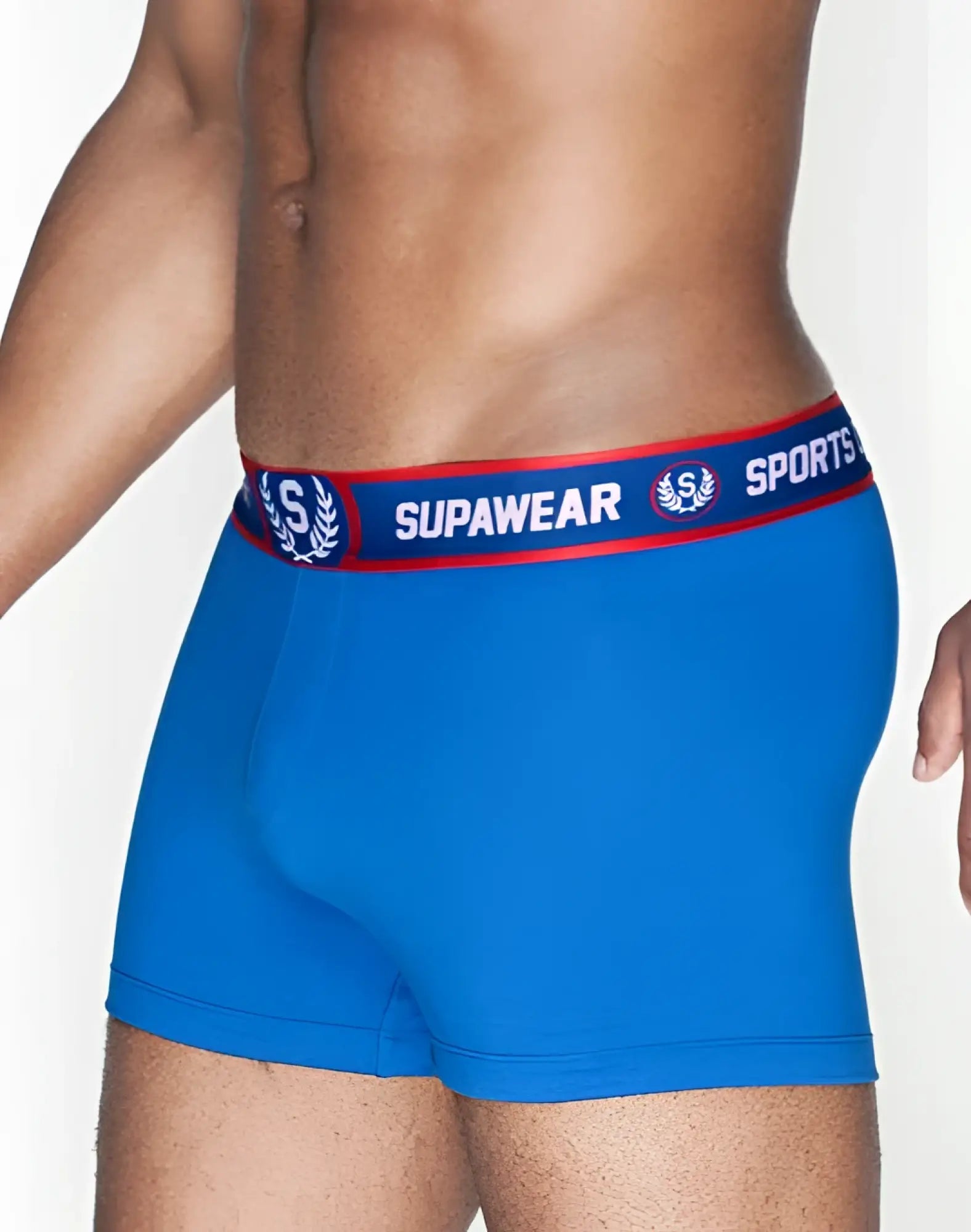 Blue supawear sports boxer briefs with red and white waistband featuring brand logo for active use