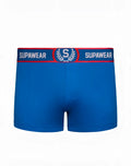 Blue supawear sports club boxer trunks with red and white waistband featuring brand logo for active use