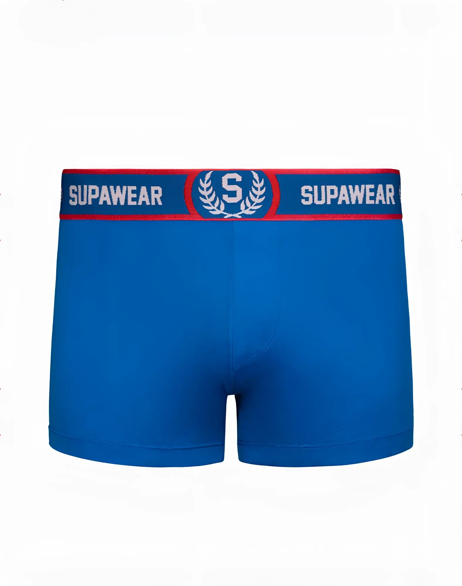 Blue supawear sports club boxer trunks with red and white waistband featuring brand logo for active use