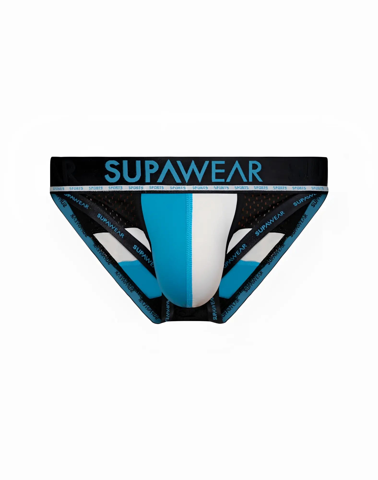 Blue and white supawear athletic briefs with black mesh panels designed for support and breathability in bluejay color