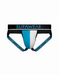 Supawear spr android jockstrap underwear in bluejay features men’s athletic briefs with teal and white panels and black waistband