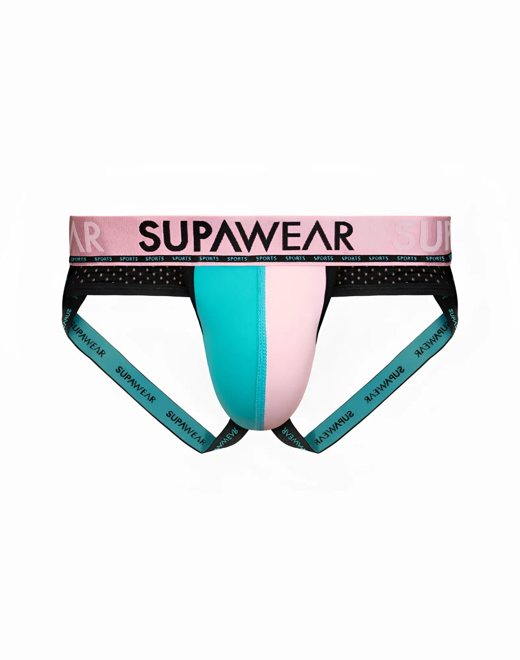 SupaWear SPR Android jockstrap underwear in ceramic pink with vibrant turquoise and pink fabric and black mesh trim
