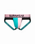 SupaWear SPR Android jockstrap underwear in ceramic pink with vibrant turquoise and pink fabric and black mesh trim
