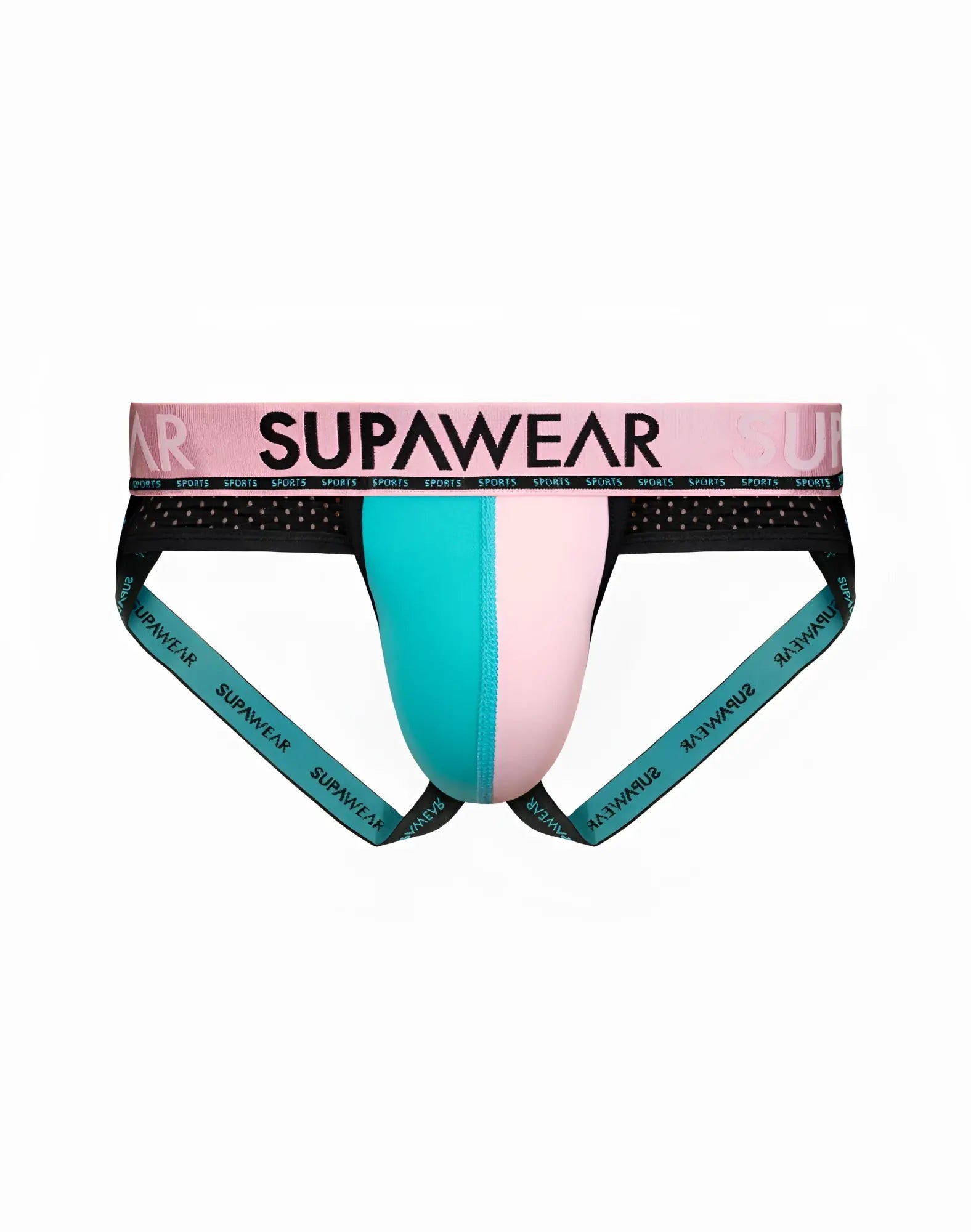 SupaWear SPR Android jockstrap underwear in ceramic pink with vibrant turquoise and pink fabric and black mesh trim
