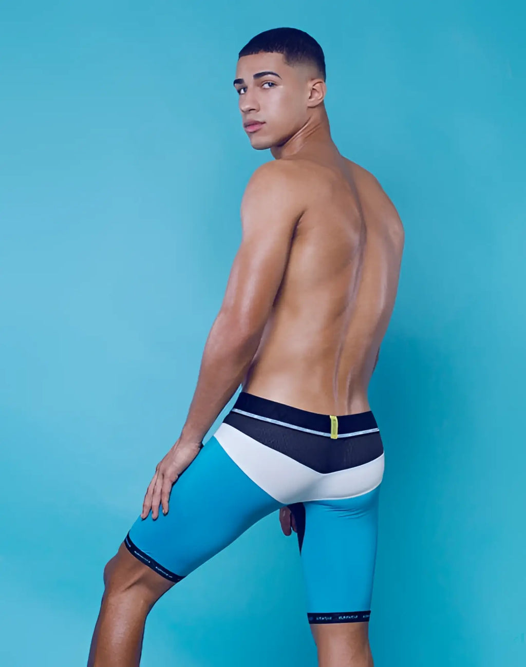 SupaWear SPR Android training trunk underwear in bluejay blue and white with black mesh detailing and yellow waistband accent