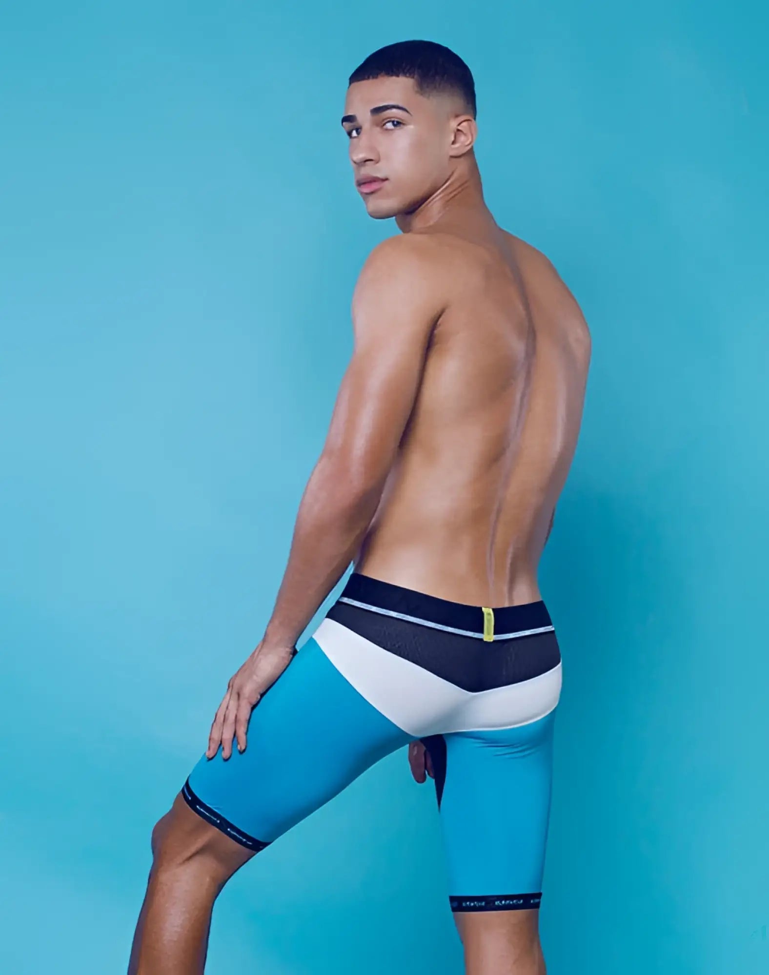 SupaWear SPR Android training trunk underwear in bluejay blue and white with black mesh detailing and yellow waistband accent