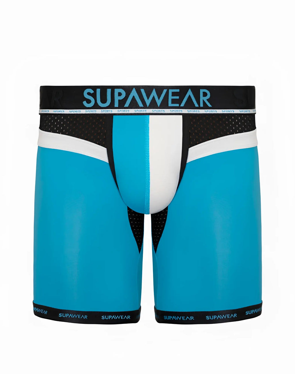 Turquoise and white supawear men’s boxer briefs with black mesh trim designed for training in bluejay color
