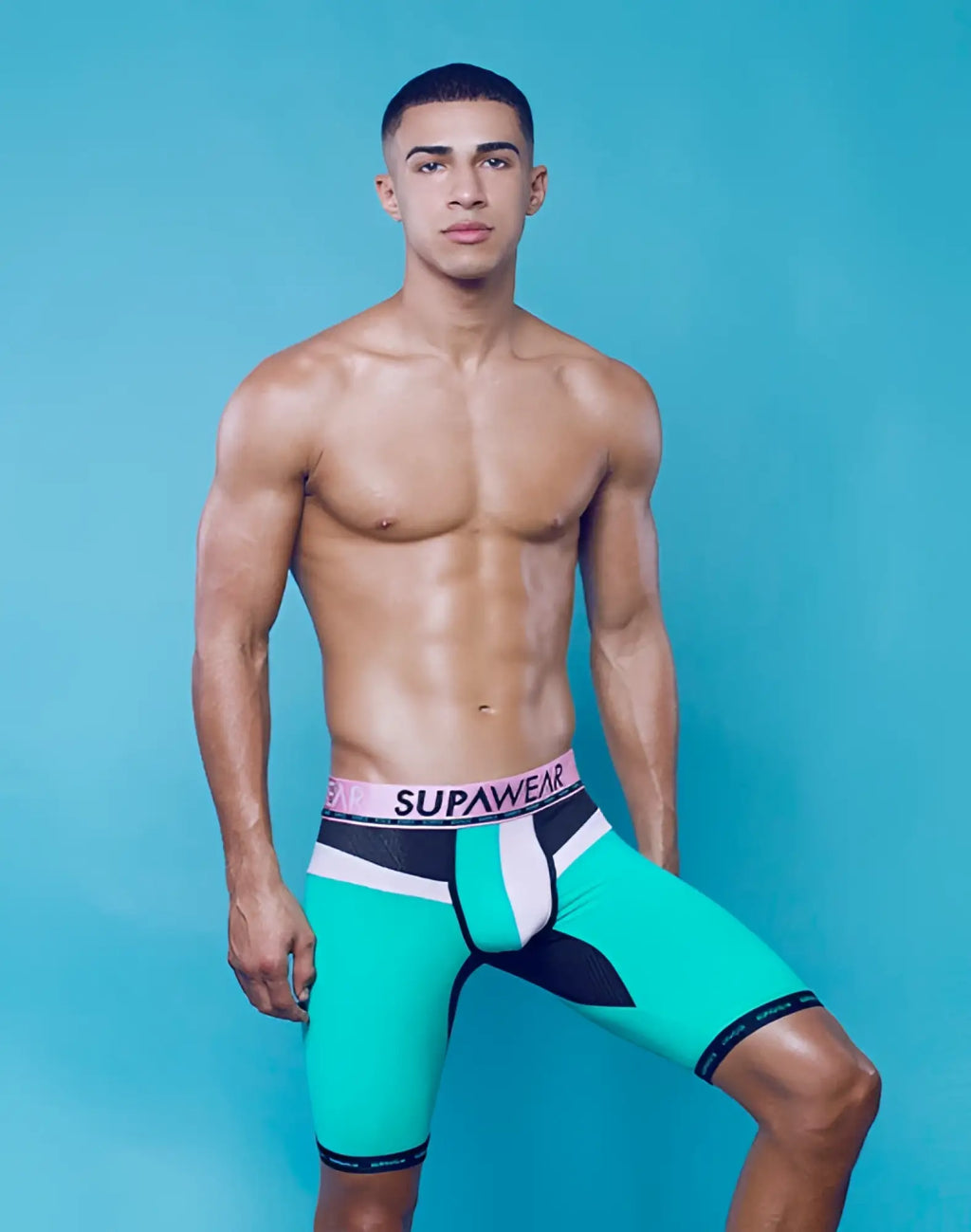 Teal and black supawear spr android training trunk underwear with white trim and ceramic pink waistband for athletic use