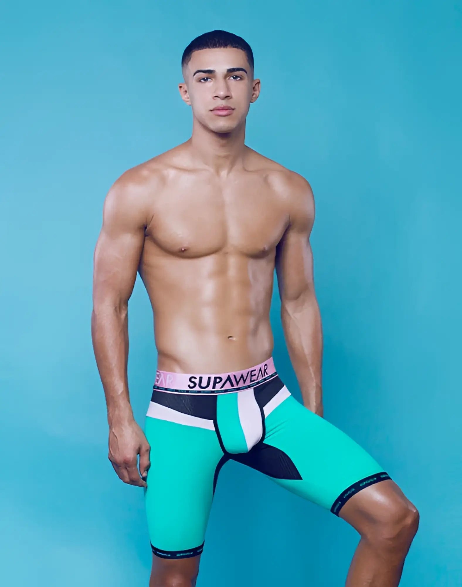 Teal and black supawear spr android training trunk underwear with white trim and ceramic pink waistband for athletic use