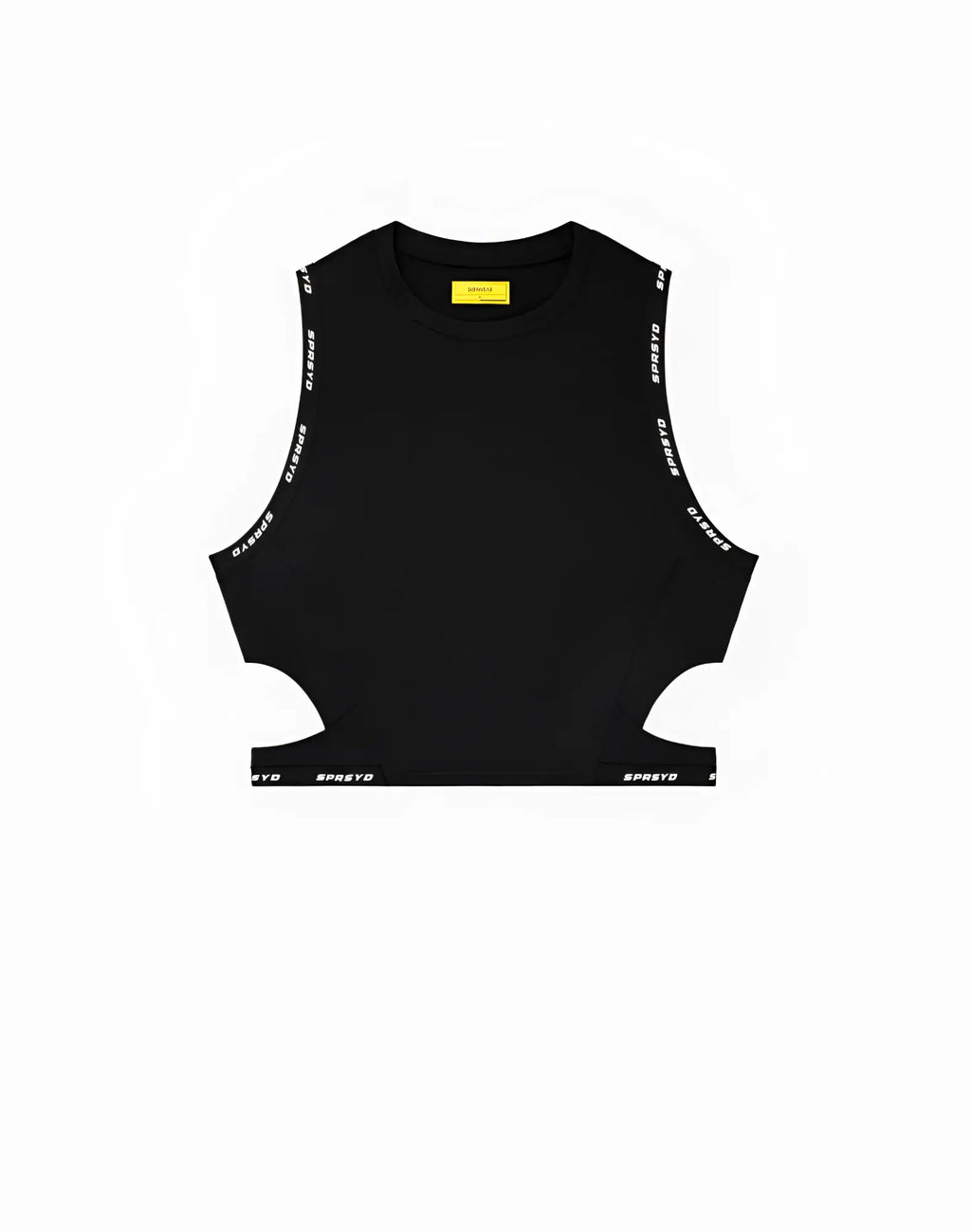 Black sleeveless SUPAWEAR SPR cropped tank top with white spreto lettering along armholes and hem