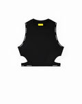 Black sleeveless SUPAWEAR SPR cropped tank top with white spreto lettering along armholes and hem