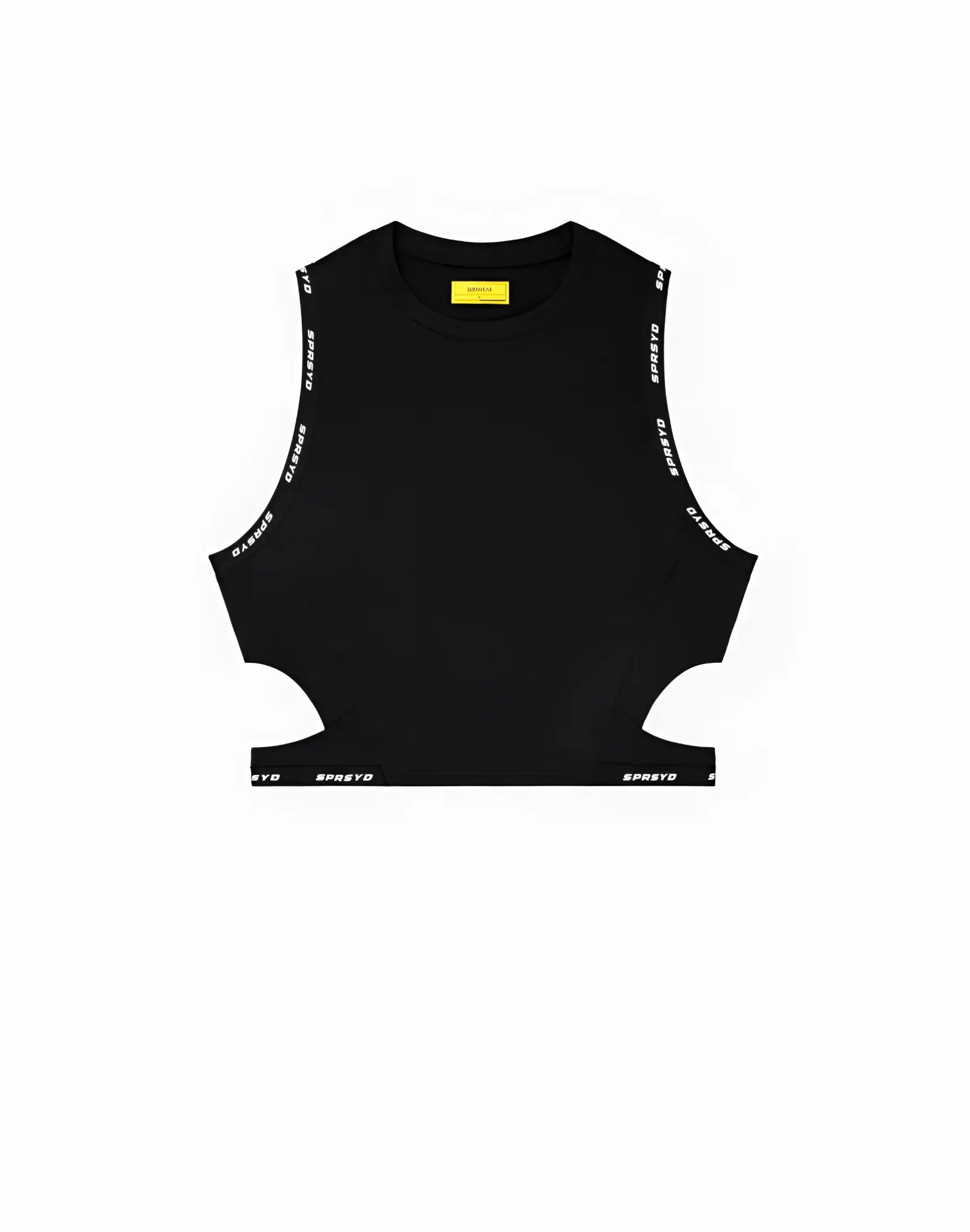 Black sleeveless SUPAWEAR SPR cropped tank top with white spreto lettering along armholes and hem