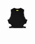 Black sleeveless SUPAWEAR SPR cropped tank top with white spreto lettering along armholes and hem