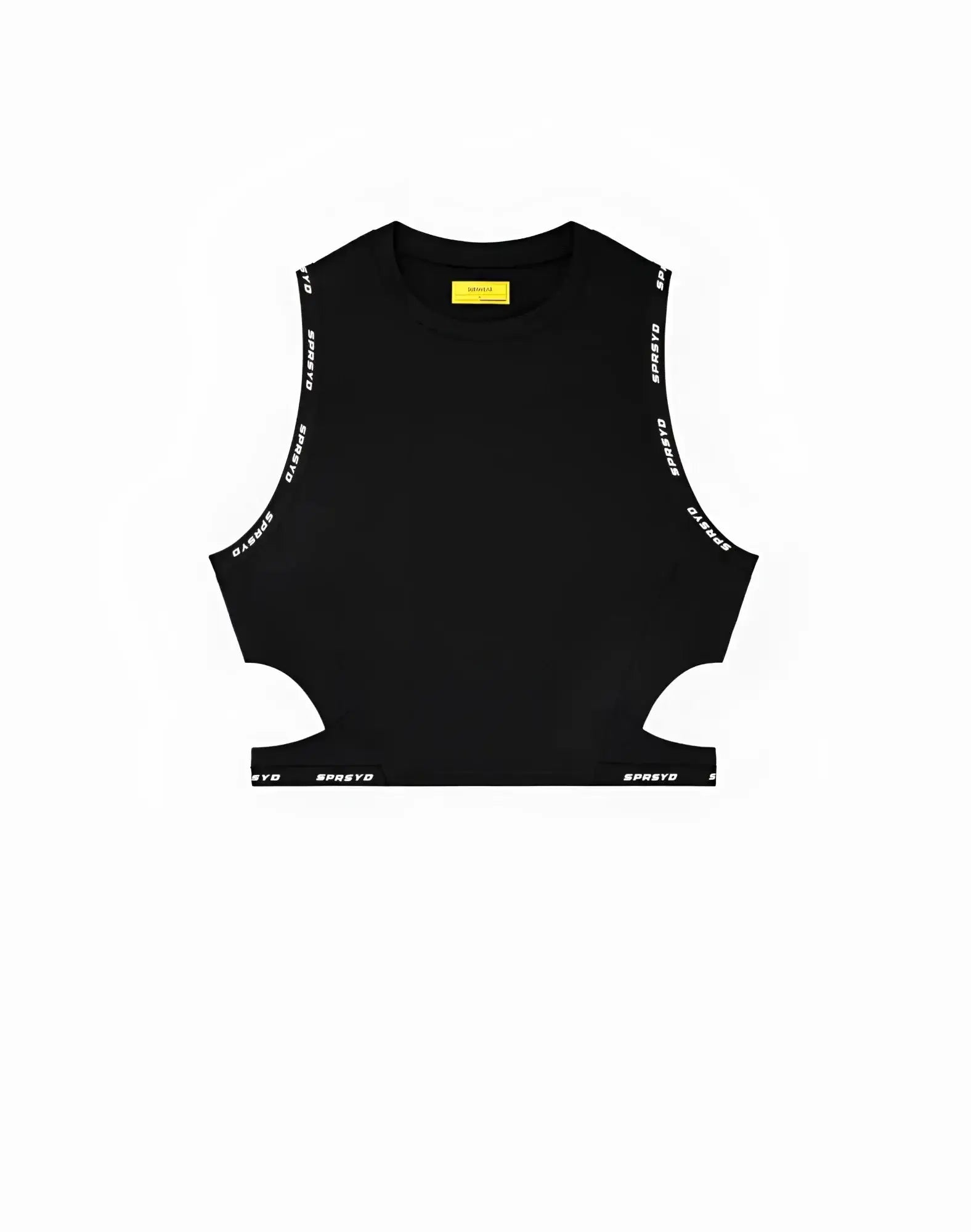 Black sleeveless SUPAWEAR SPR cropped tank top with white spreto lettering along armholes and hem