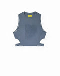 Gray sleeveless cropped tank top with spreyd branding along armholes and hem from supawear spring collection