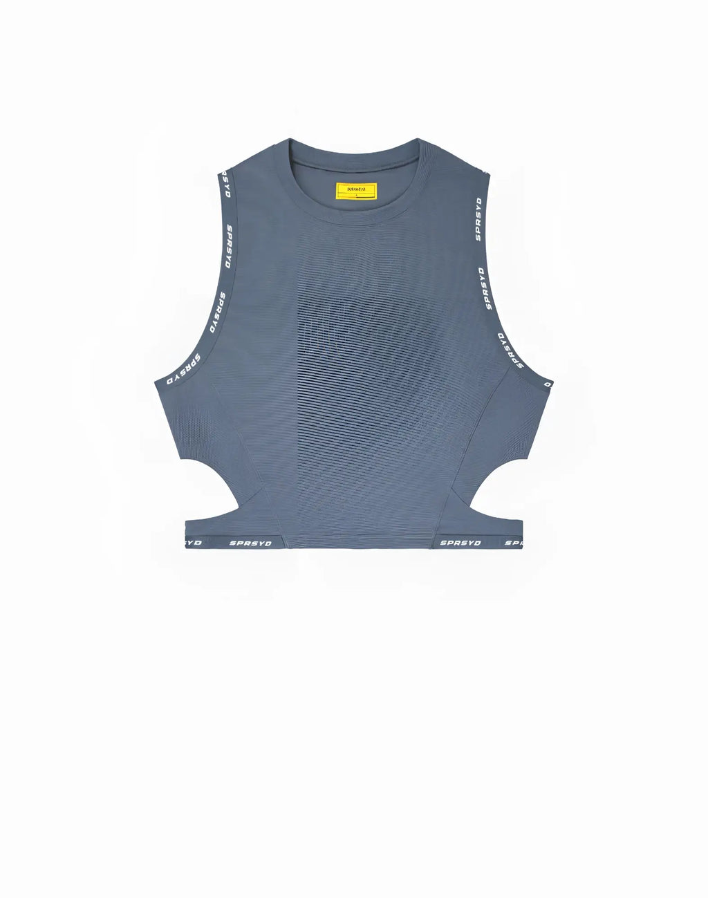 Gray sleeveless cropped tank top with spreyd branding along armholes and hem from supawear spring collection