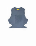Gray sleeveless cropped tank top with spreyd branding along armholes and hem from supawear spring collection