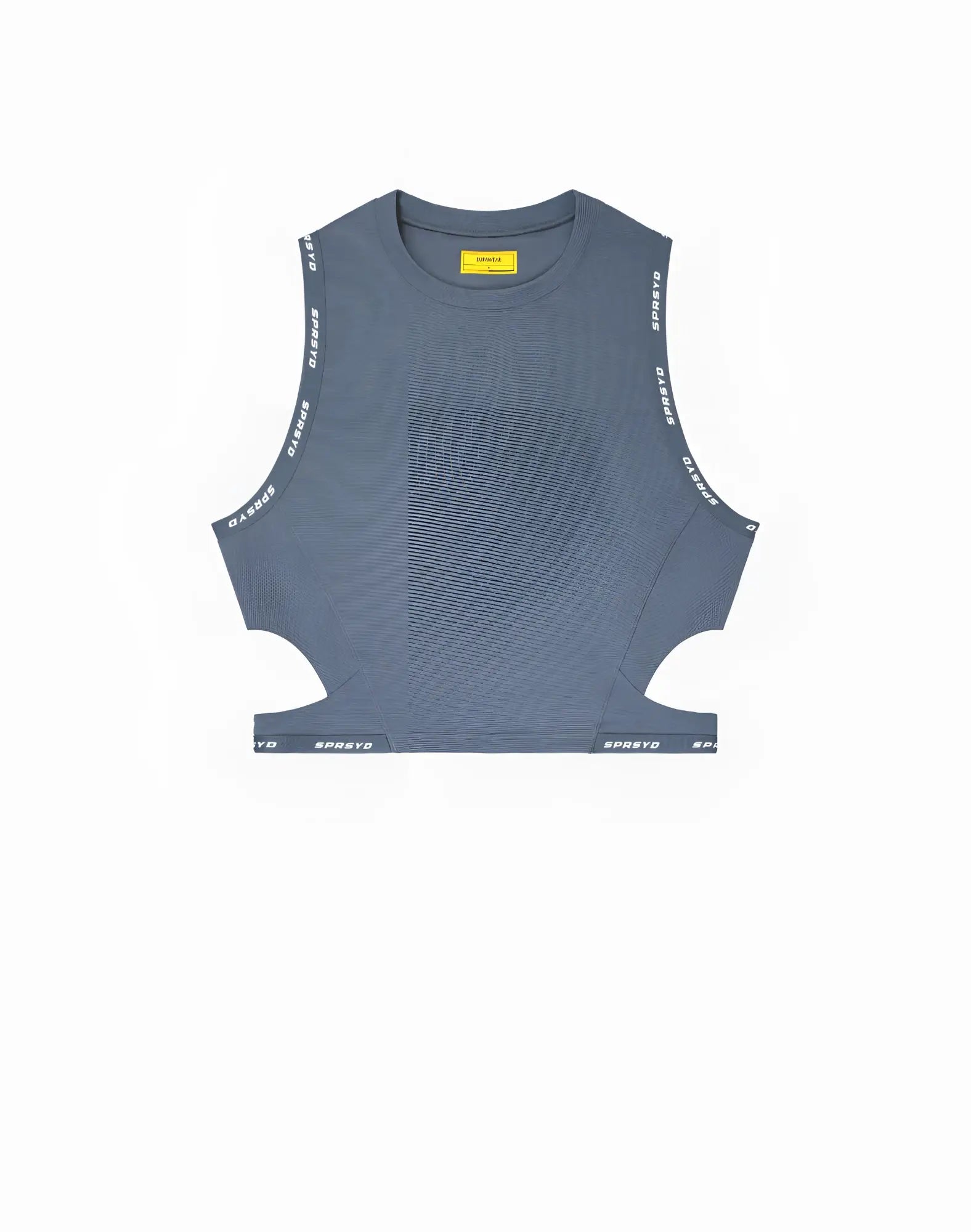 Gray sleeveless cropped tank top with spreyd branding along armholes and hem from supawear spring collection