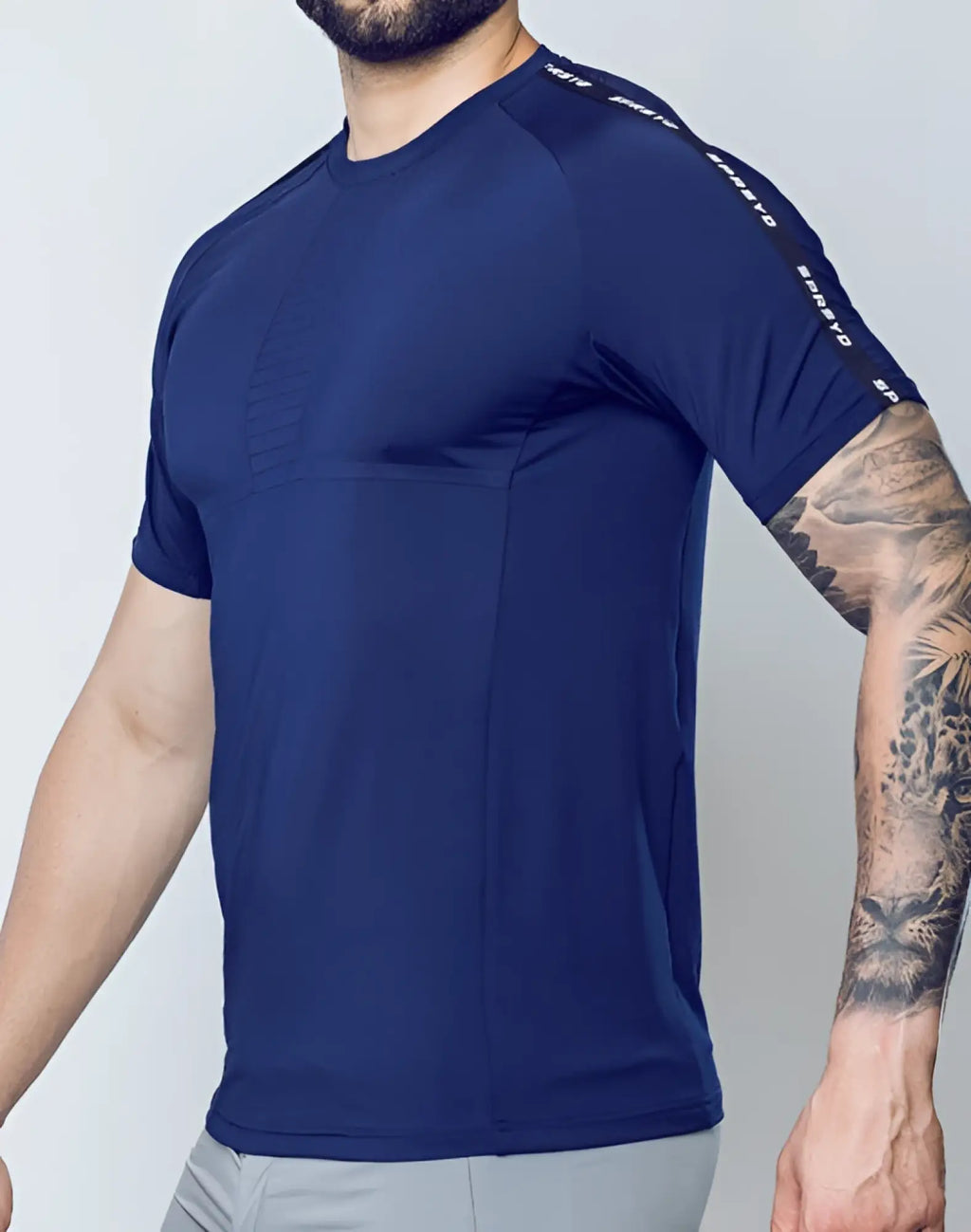 Navy blue SUPAWEAR SPR fit tee with freedom branding on sleeve and subtle textured pattern on chest