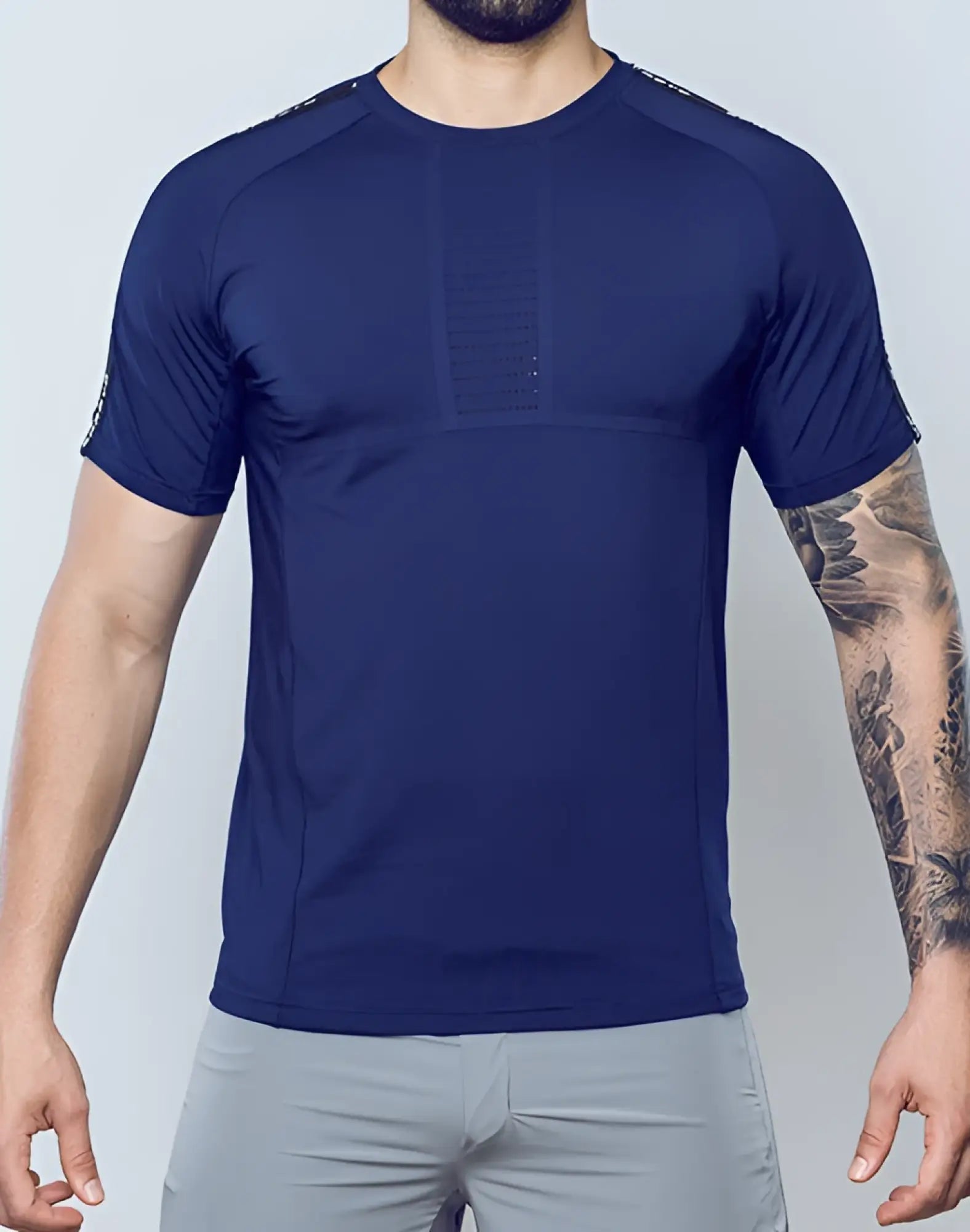 Navy blue SUPAWEAR SPR Fit Tee short-sleeve athletic shirt with mesh paneling on chest and sleeve cuffs for breathability