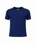 Navy blue SUPAWEAR SPR Fit Tee with black sleeve panels and perforated chest featuring sprsyd branding on sleeves