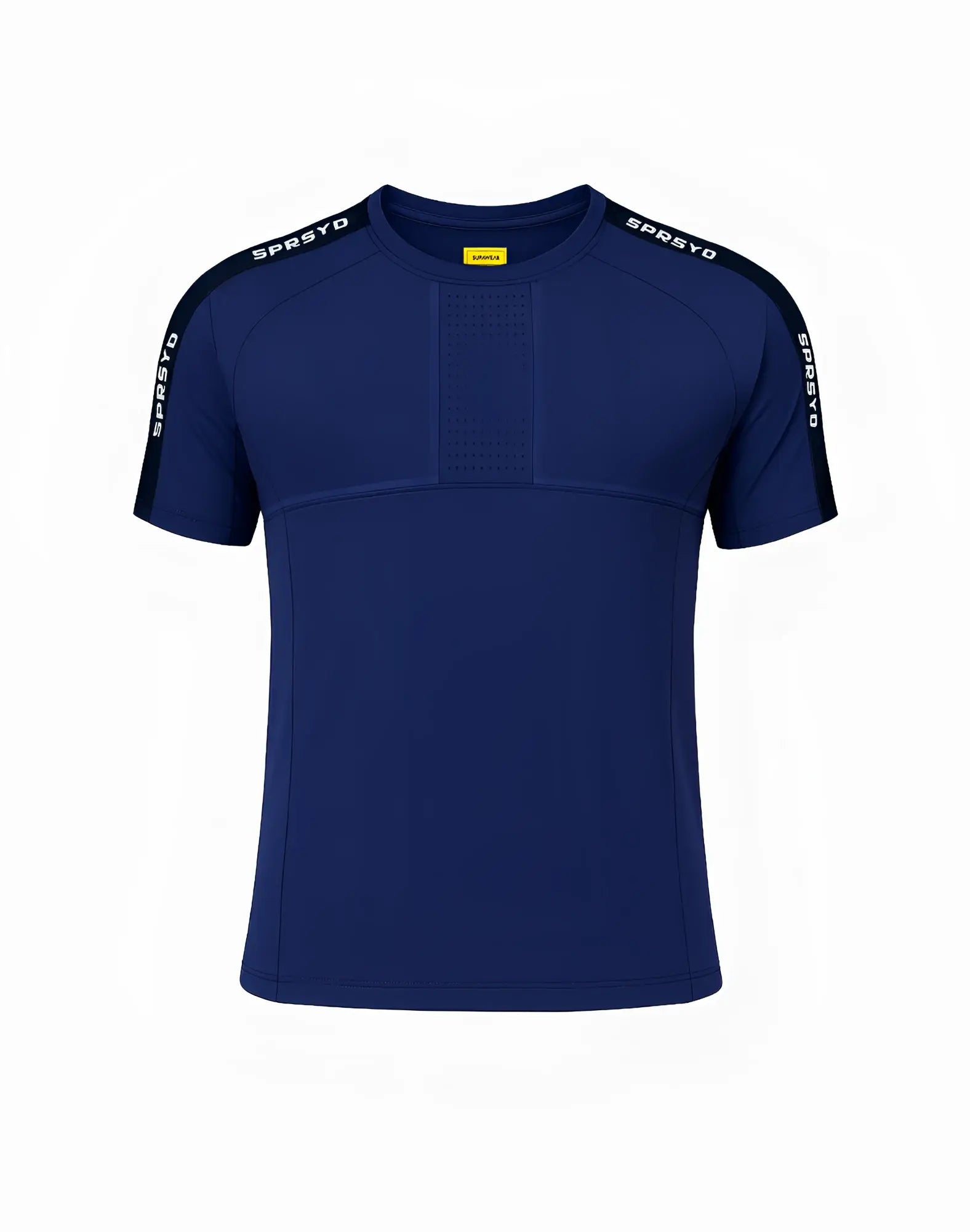 Navy blue SUPAWEAR SPR Fit Tee with black sleeve panels and perforated chest featuring sprsyd branding on sleeves