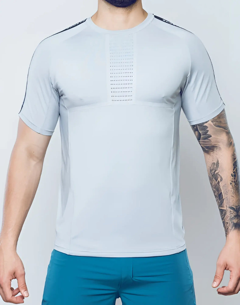 SupaWear SPR fit tee pale grey light gray athletic short-sleeve shirt with black trim and vertical perforated chest panel