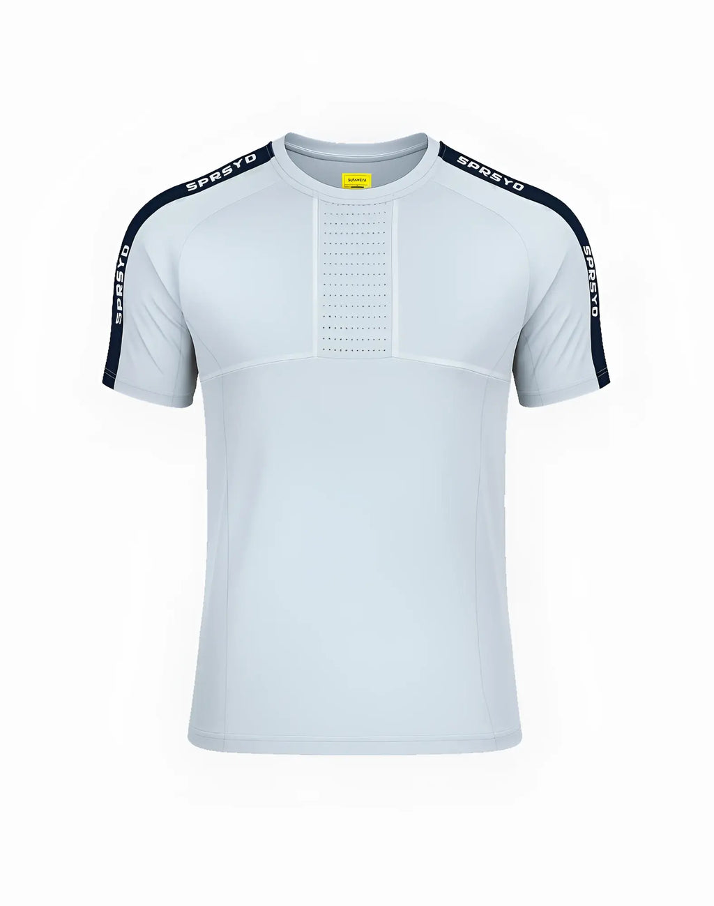SupaWear spr fit tee pale grey light gray athletic t-shirt with navy blue shoulder stripes and perforated chest panel