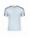 SupaWear spr fit tee pale grey light gray athletic t-shirt with navy blue shoulder stripes and perforated chest panel