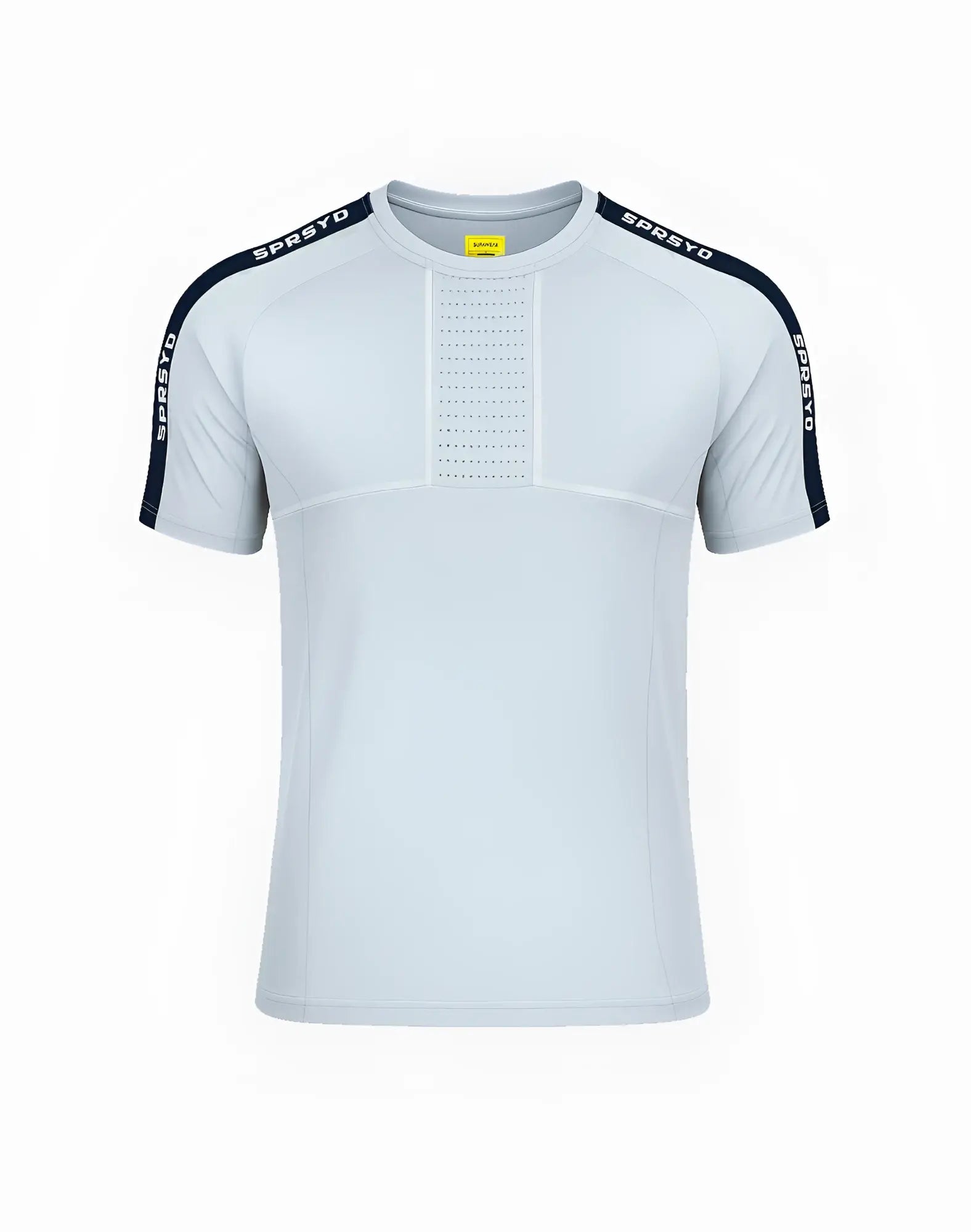 SupaWear spr fit tee pale grey light gray athletic t-shirt with navy blue shoulder stripes and perforated chest panel