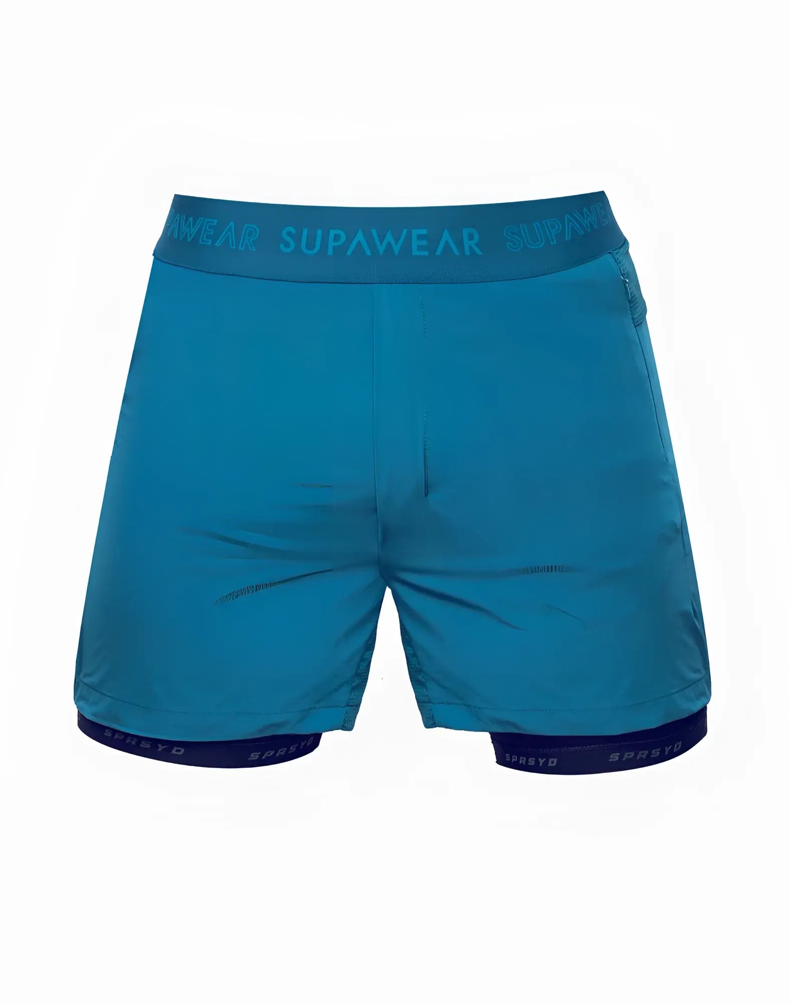 Teal supawear athletic shorts with matching waistband and dark blue trim at hem from SUPAWEAR SPR Flex Shorts coral blue