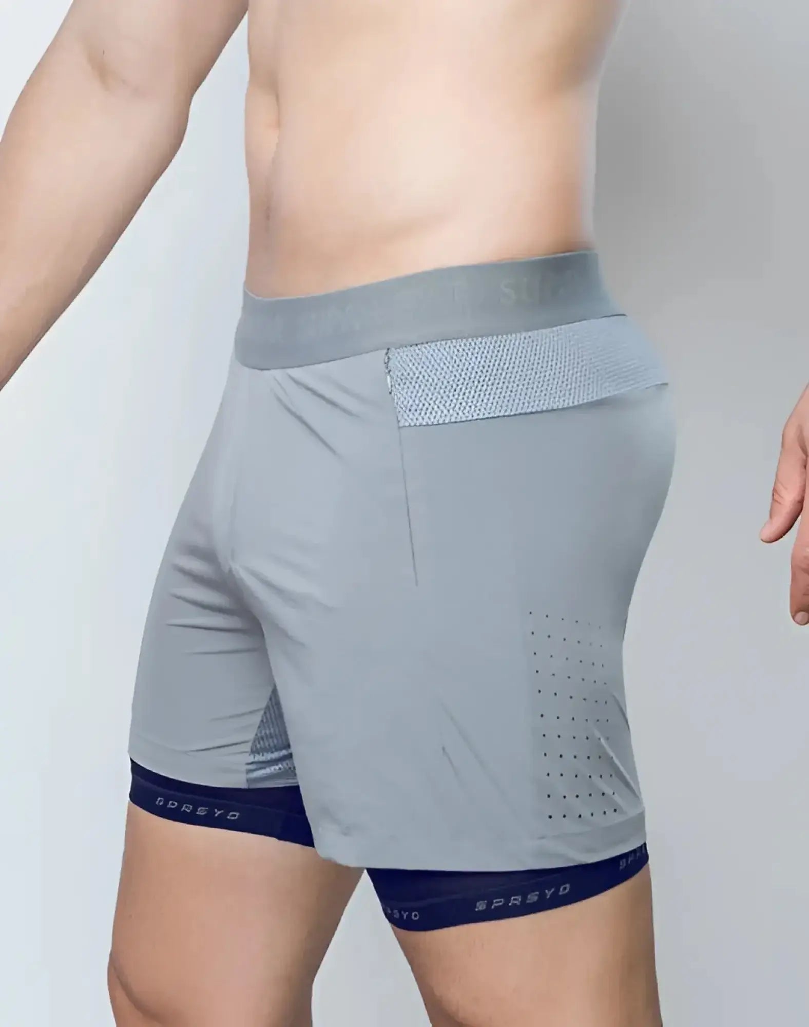 Supaweart spr flex shorts titanium grey grey athletic shorts with mesh waistband navy blue trim and breathable panels