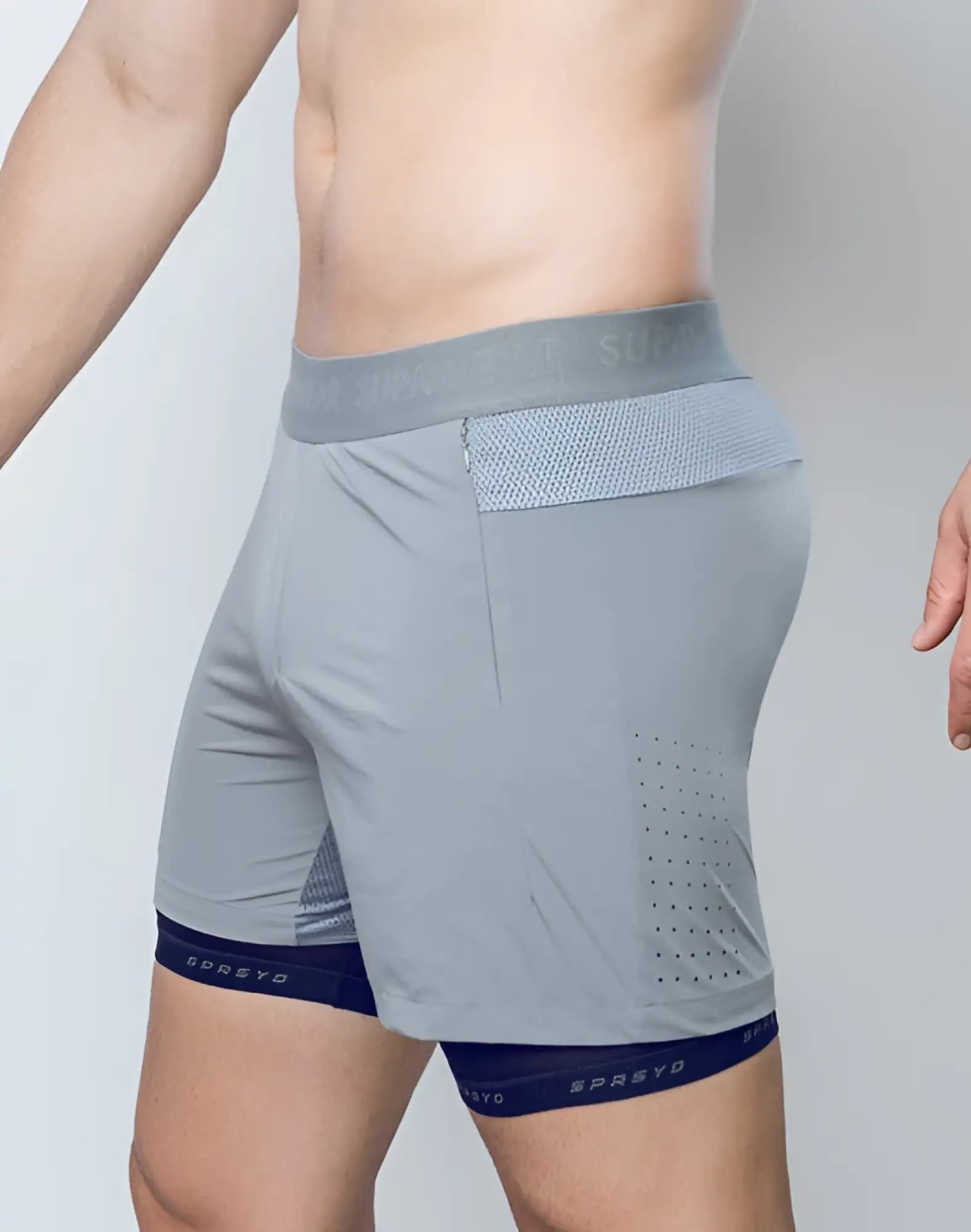Supaweart spr flex shorts titanium grey gray athletic shorts with mesh waistband navy blue trim and breathable perforated panels