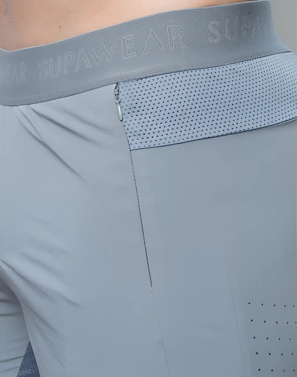 Gray supawear spr flex athletic shorts with perforated mesh panel and elastic waistband in titanium grey