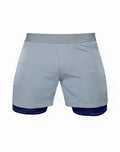 SupaWear SPR Flex shorts in titanium grey with navy blue inner lining and waistband branding for athletic use