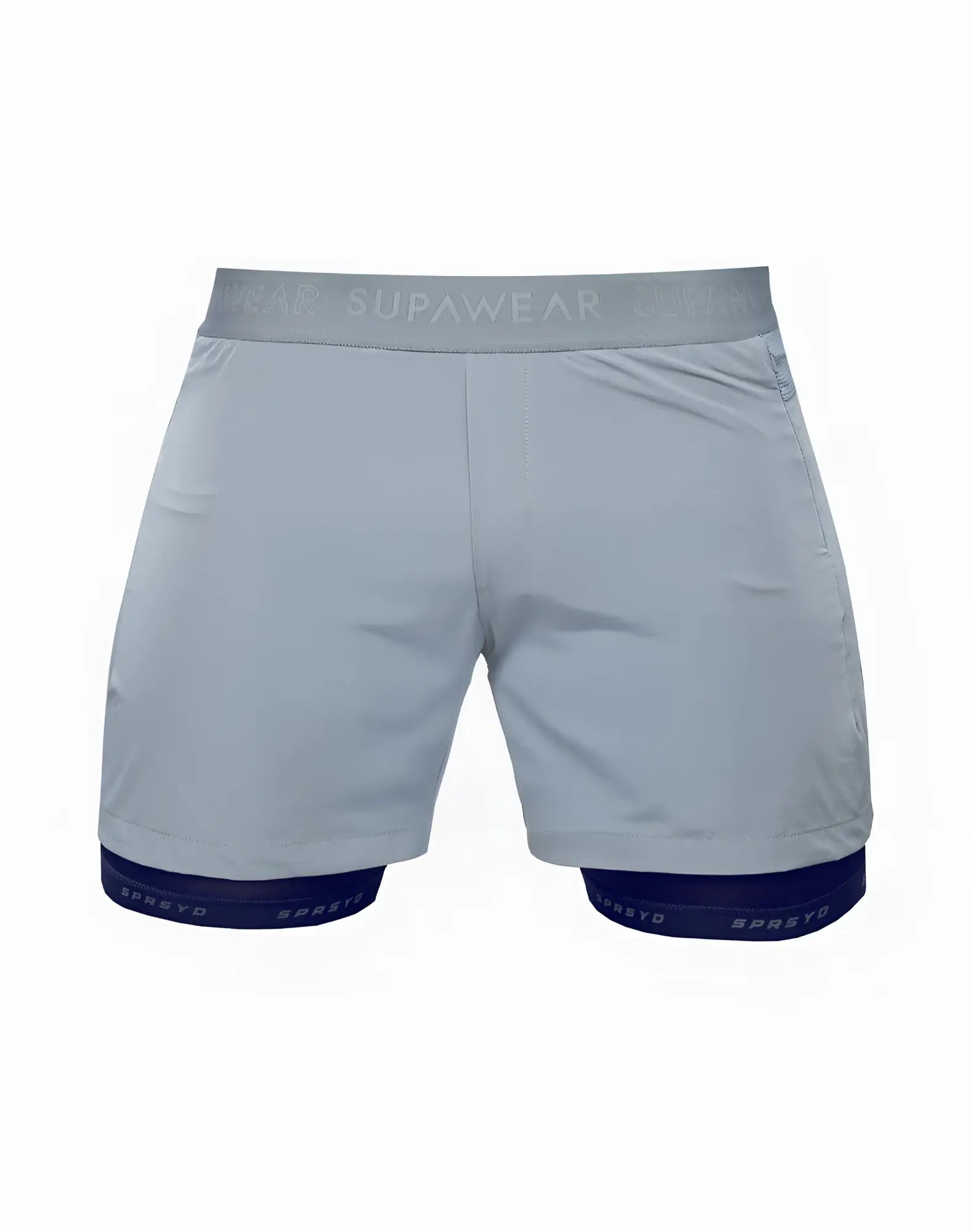 SupaWear SPR Flex shorts in titanium grey with navy blue inner lining and waistband branding for athletic use