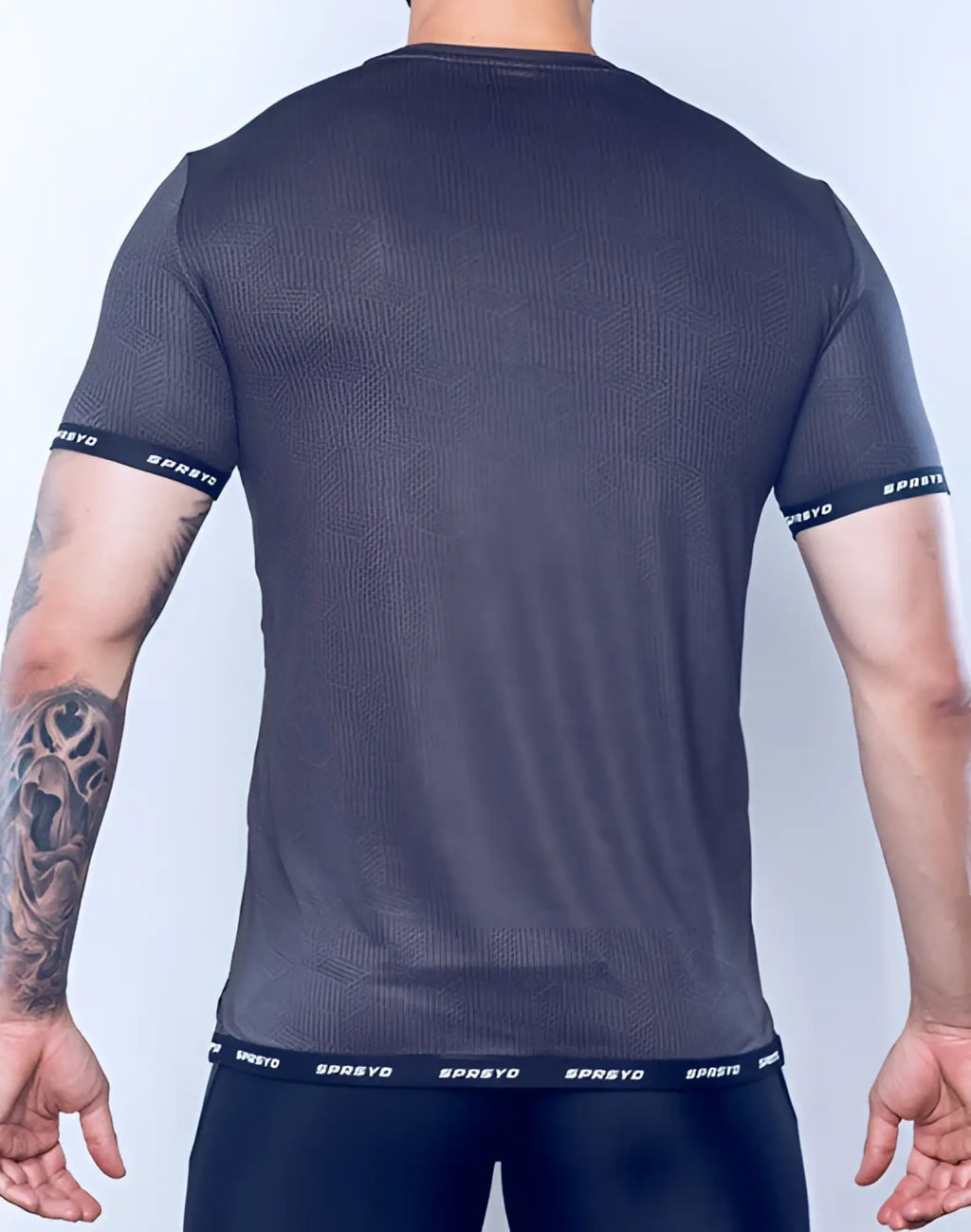 Supawear spr flex tee black dark gray athletic t-shirt with subtle herringbone texture and sprsyd branding on cuffs and waistband