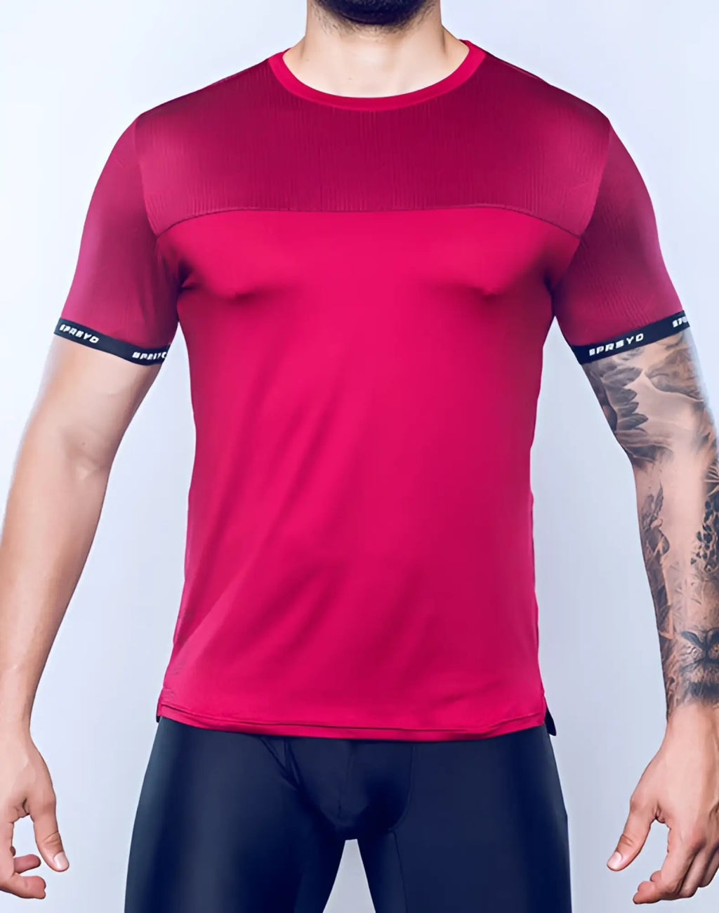 Red SUPAWEAR SPR Flex Tee with breathable mesh panels on shoulders and sleeves and black spreyd branding on cuffs