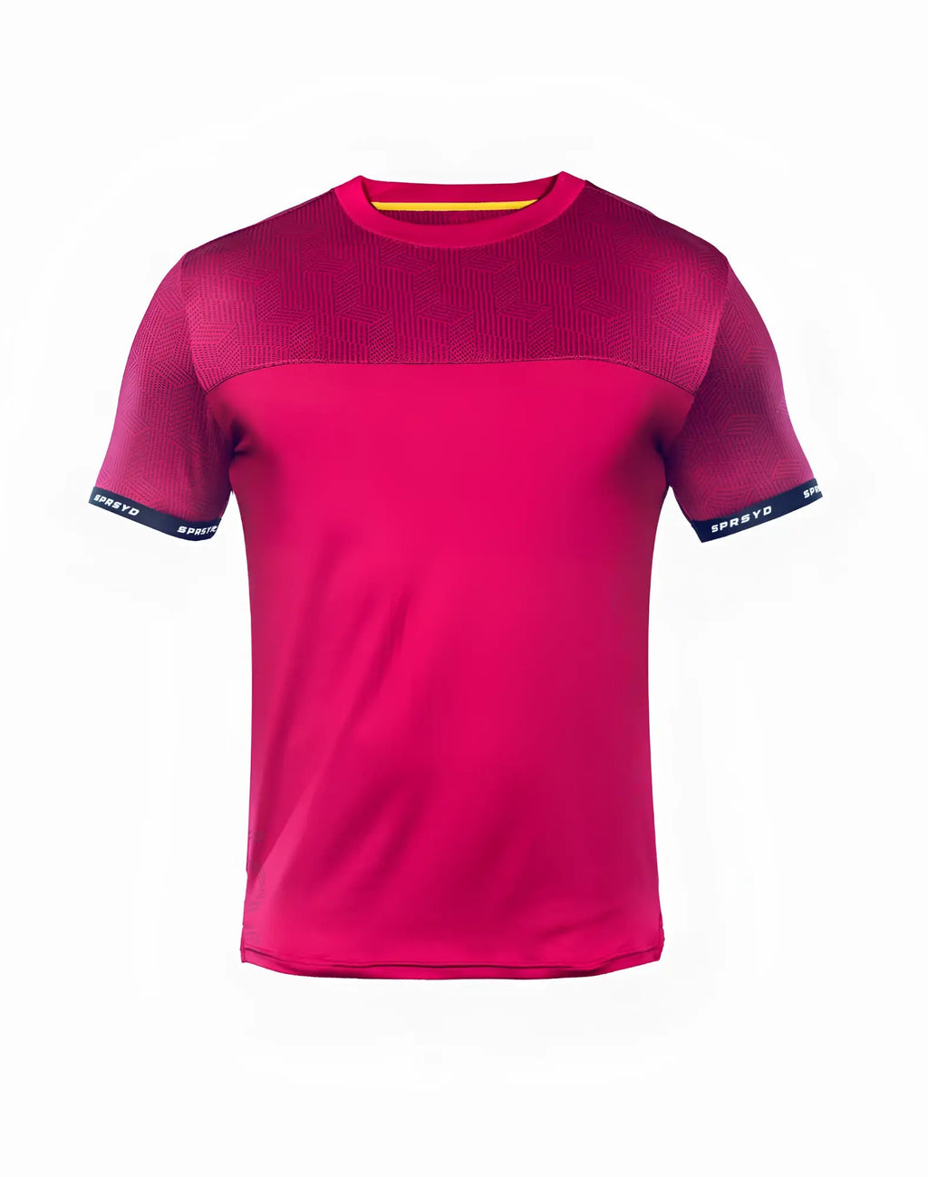 SupaWear SPR Flex Tee redbud is a vibrant magenta athletic t-shirt with textured upper panel and yellow collar trim
