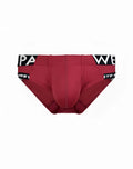 Red supawear SPR max brief underwear with black waistband and white lettering in a comfortable cotton blend