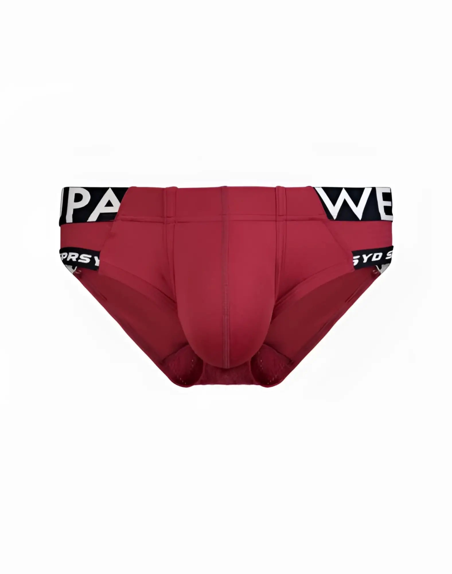 Red supawear SPR max brief underwear with black waistband and white lettering in a comfortable cotton blend
