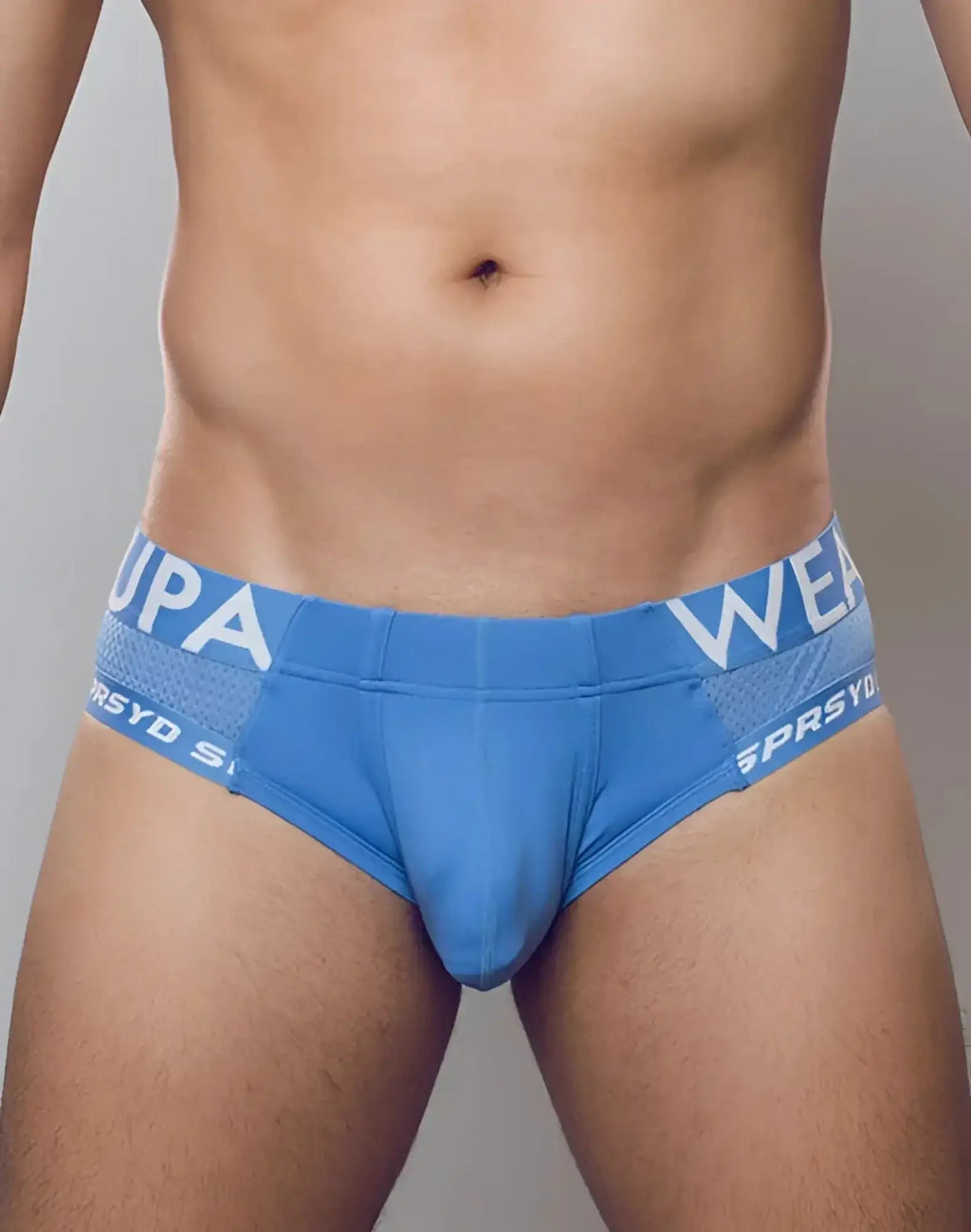 SupaWear SPR Max brief underwear in skyway blue with white logo band and breathable mesh detailing for comfort