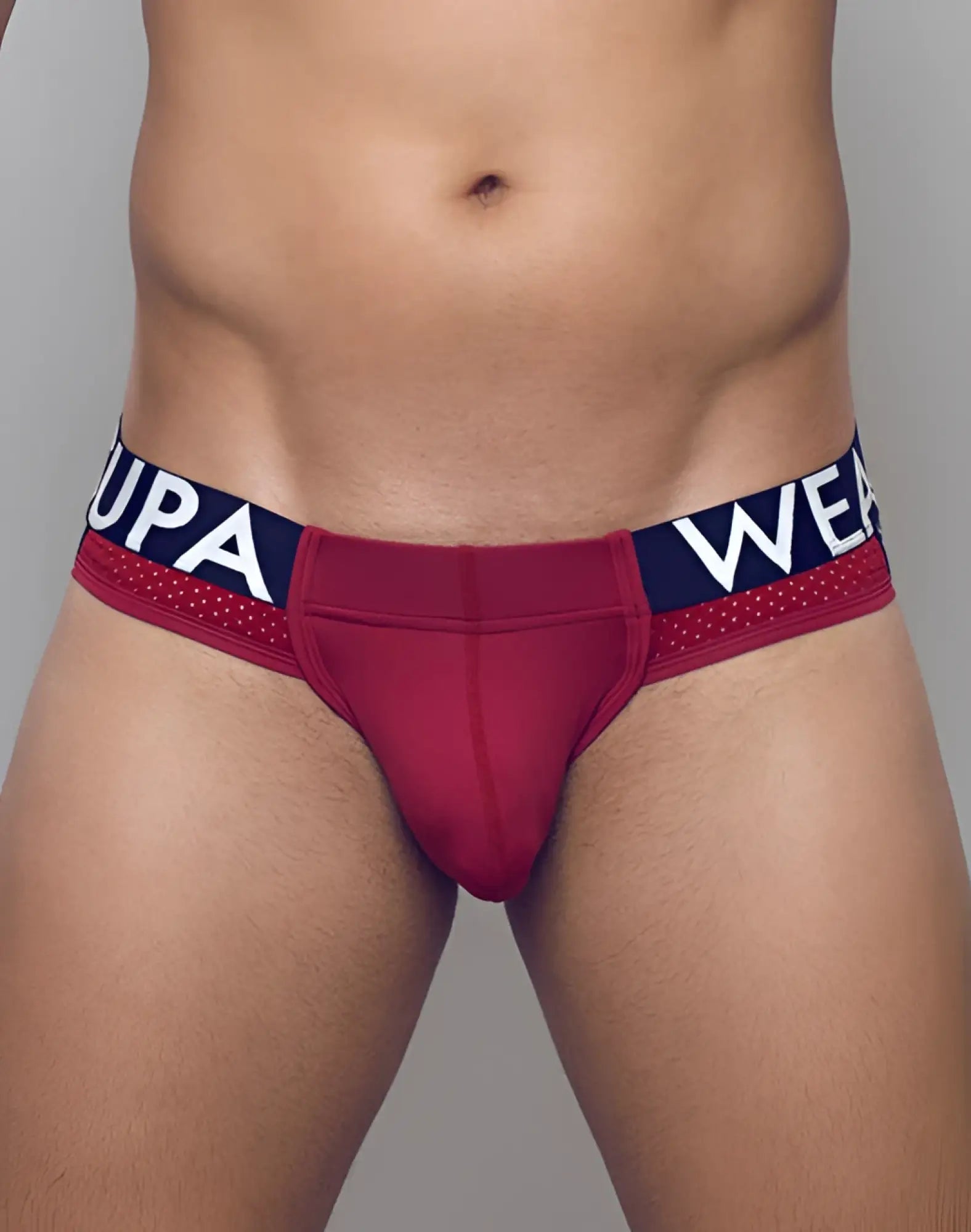 Red supawear spr max jockstrap underwear with navy blue waistband and white lettering for athletic support