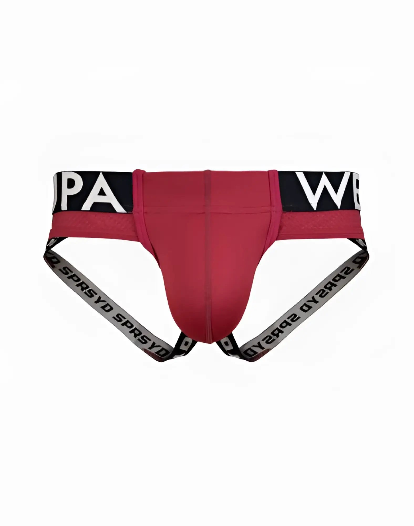 Red supawear spr max jockstrap underwear with black and white branded waistband and side straps in redbud color