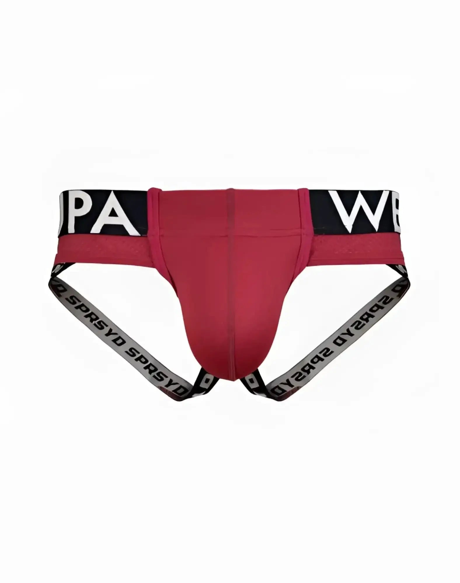 Red supawear spr max jockstrap underwear with black and white branded waistband and side straps in redbud color