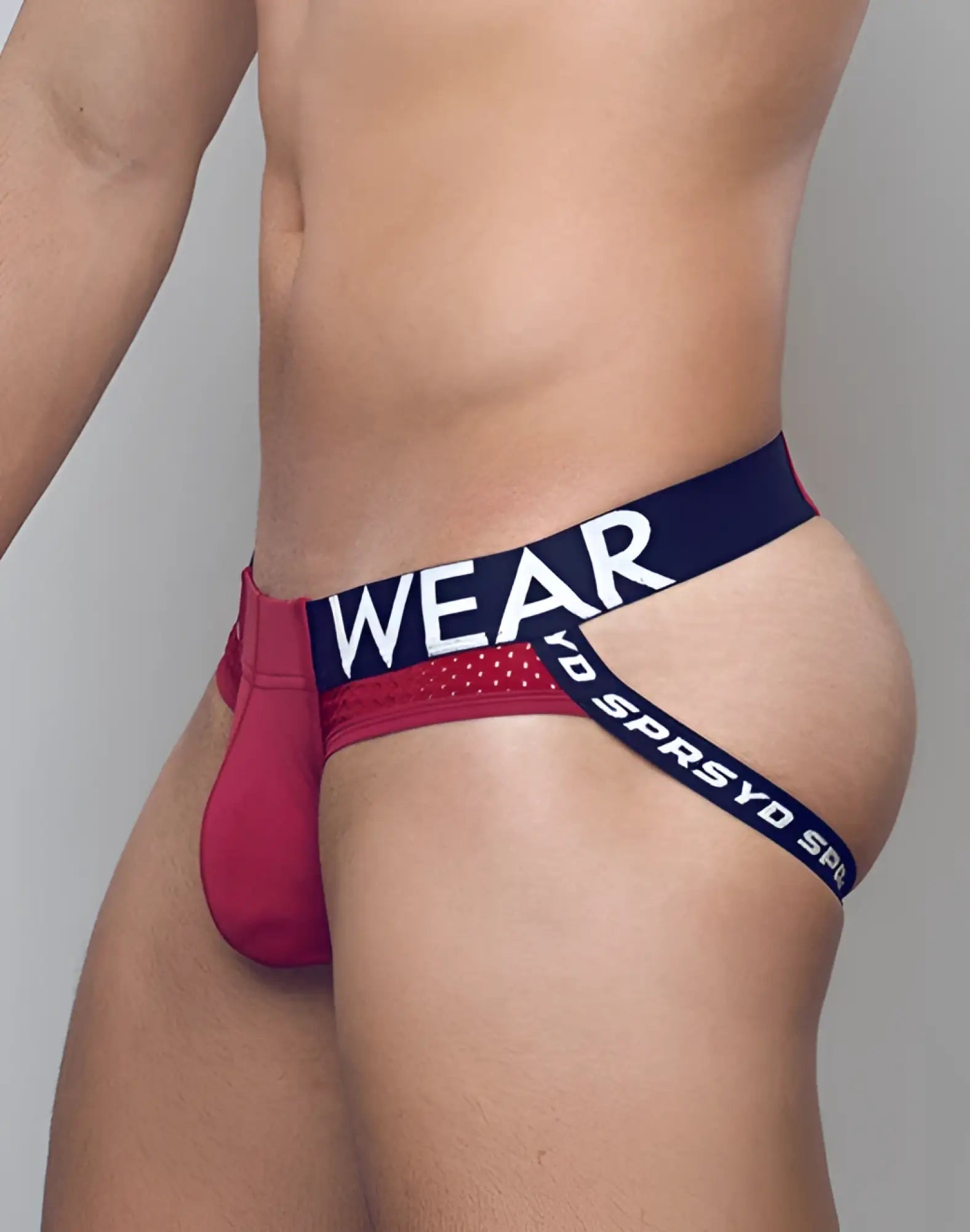 Redbud supawear SPR Max jockstrap underwear with red and navy blue briefs and a bold wear logo waistband